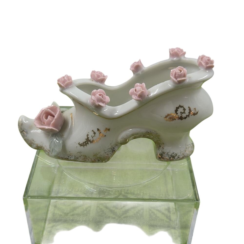 Bon-Chen Porcelain Shoe Figurine White w/ Pink Roses & Gold Trim